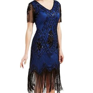 VIJIV Women's Art Deco Flapper Dress Blue Sequin Fringe V Neck 1920s Party L